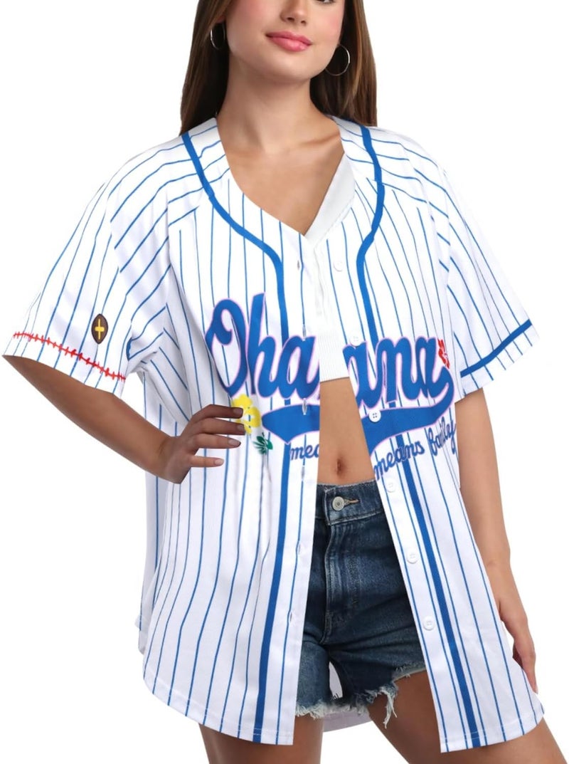 BANGELY Hawaiian Shirts Women Ohana Means Family Shirt Hawaiian Hibiscus Tropical Flower Button Down Baseball Jersey Tops - Image 3